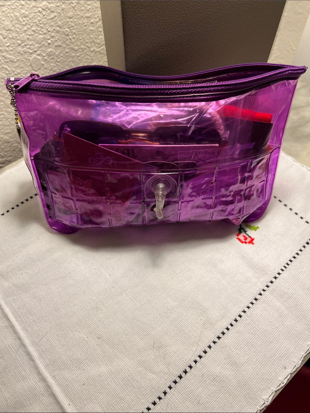 Purple Clear PVC Cosmetic Bag filled with jewelry and  lashes and more! NWT!